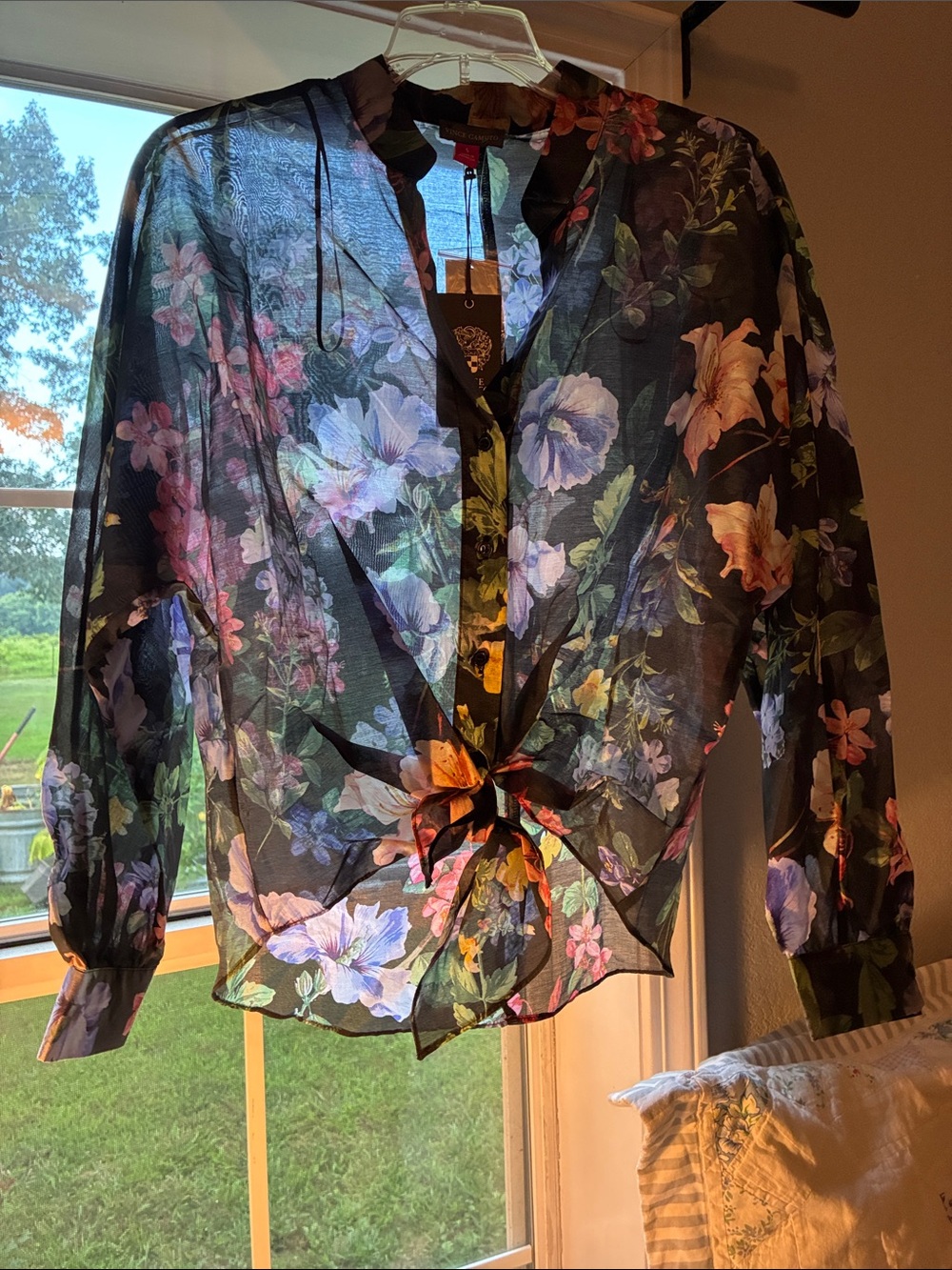 Vince Sheer Black Floral Tie-Front Blouse